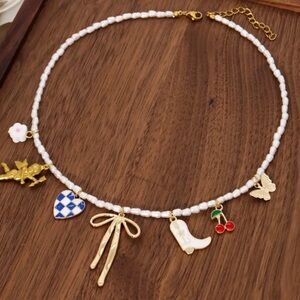 NEW Gold and Pearl Charm Pendant Gingham Bow Cherries Bohemian Western Necklace